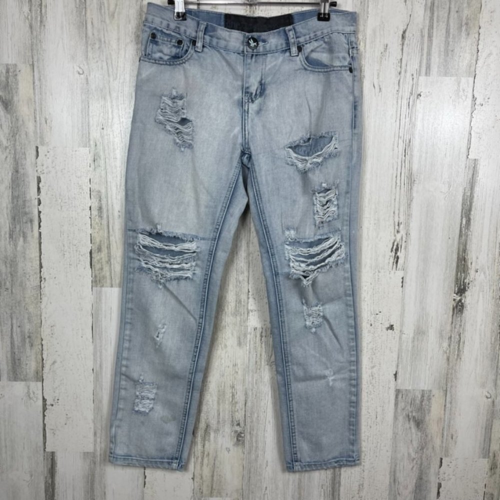 One Teaspoon Anthropologie denim jeans distressed wrecked boyfriend blue size 27